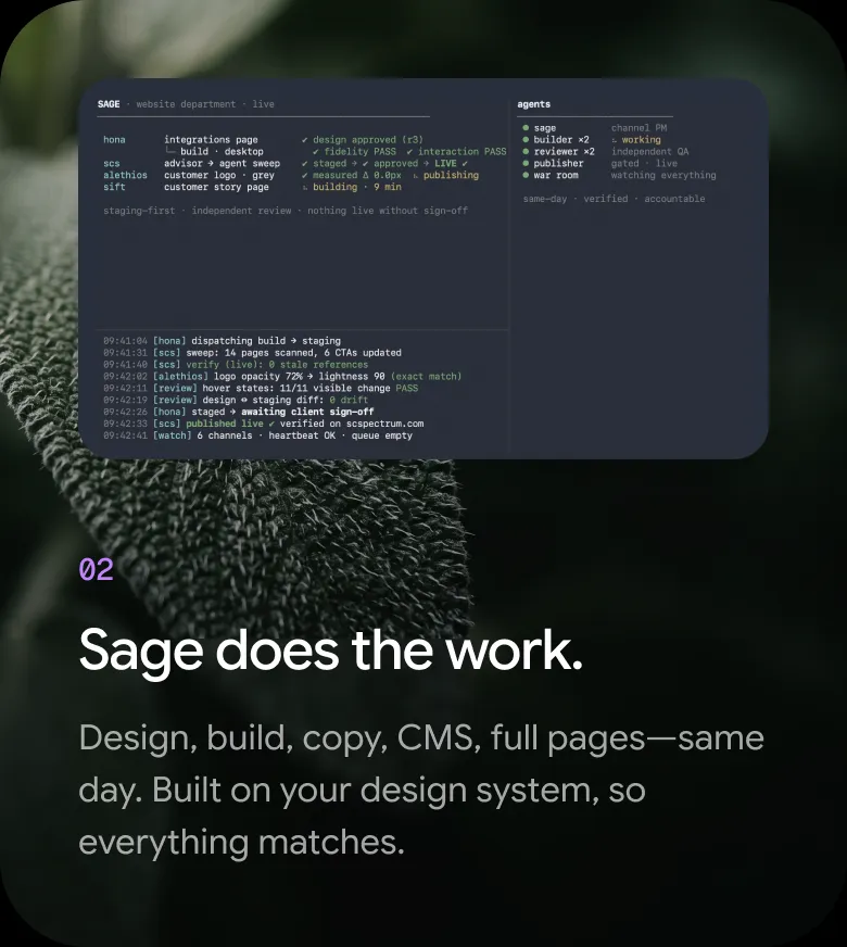 Step 02 — Sage does the work. Design, build, copy, CMS, full pages—same day. Built on your design system, so everything matches.
