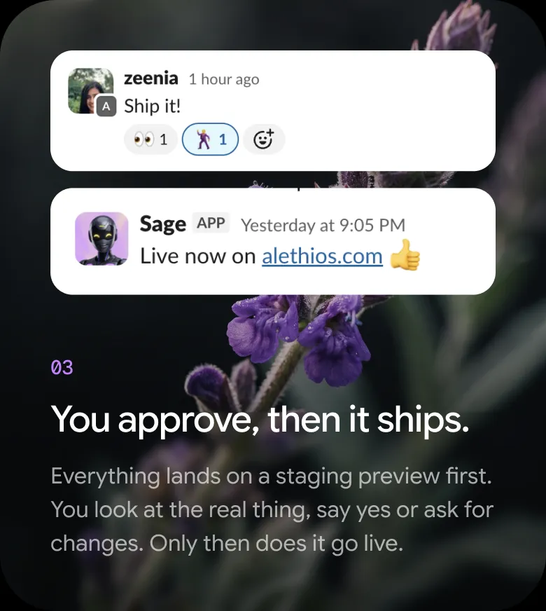 Step 03 — You approve, then it ships. Everything lands on a staging preview first. You look at the real thing, say yes or ask for changes. Only then does it go live.